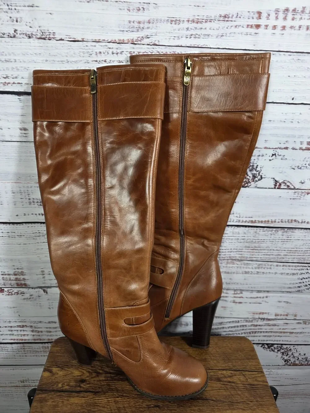 LOFT Women's Tall Brown Leather Riding Boots Size 10 Buckle Zip Knee High